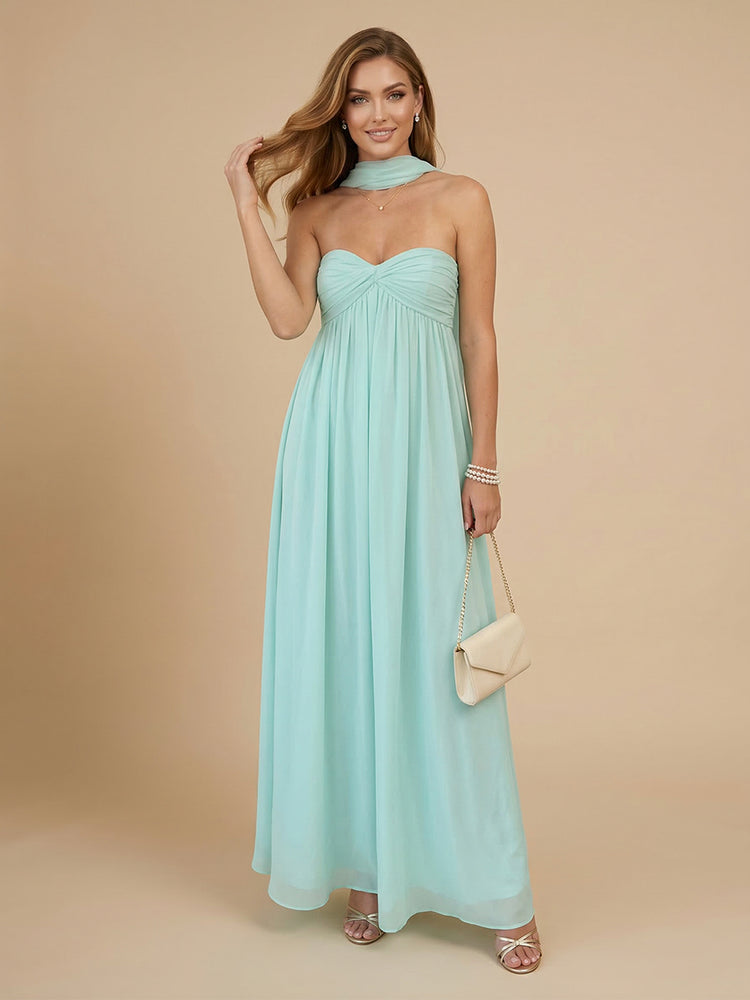 Chiffon A-Line Strapless Long Bridesmaid Dresses with Scarf