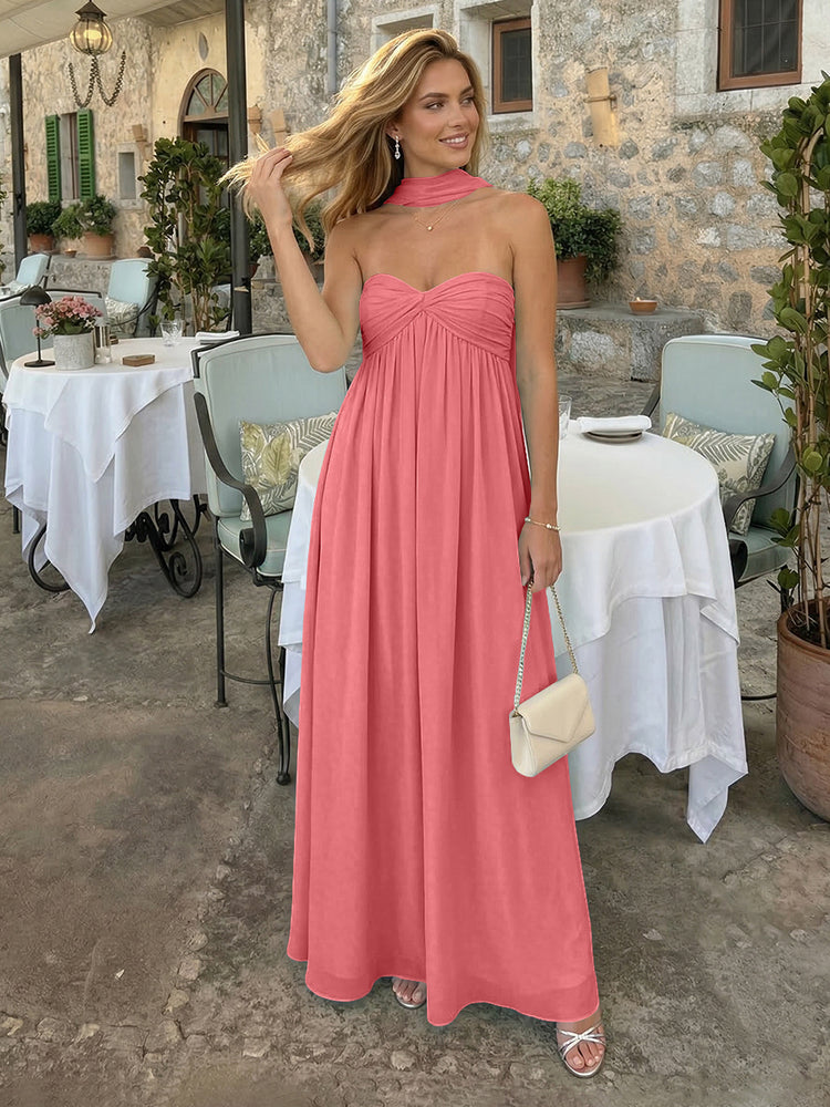 Chiffon A-Line Strapless Long Bridesmaid Dresses with Scarf