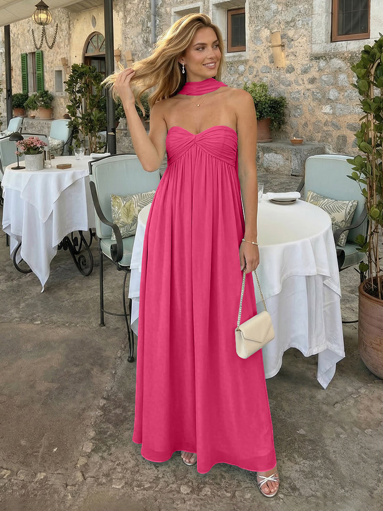 Chiffon A-Line Strapless Long Bridesmaid Dresses with Scarf