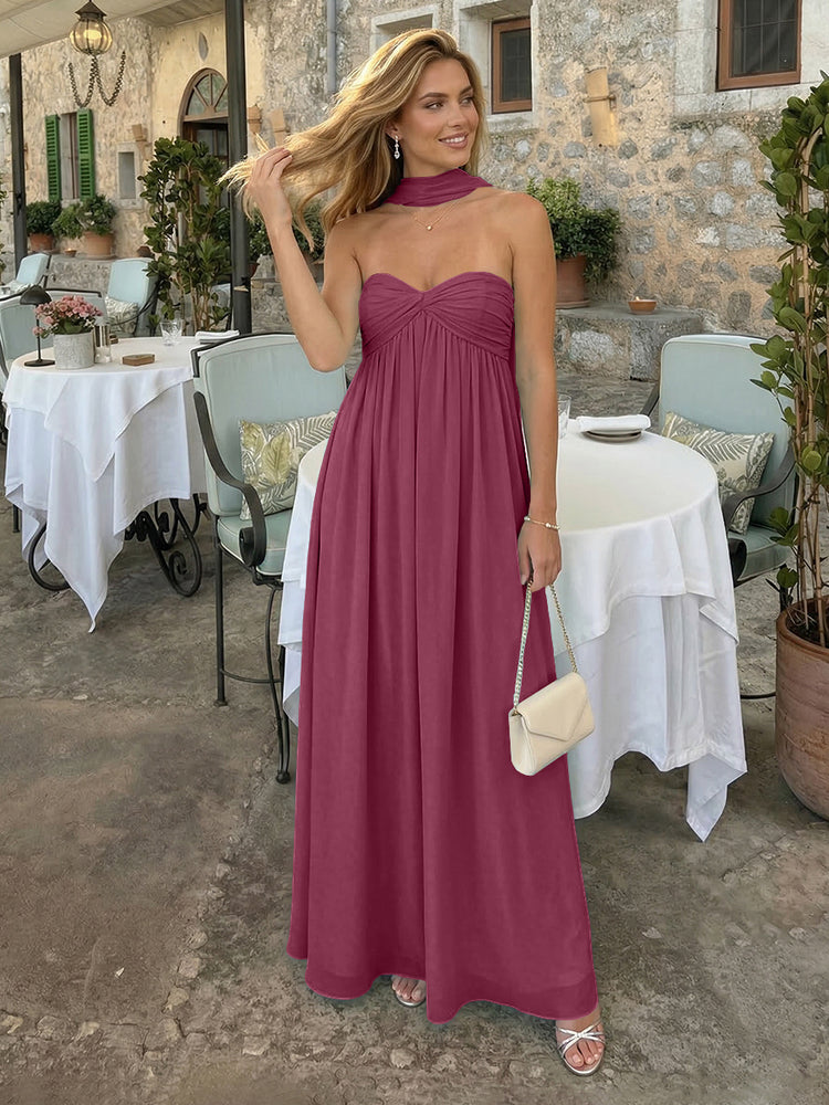 Chiffon A-Line Strapless Long Bridesmaid Dresses with Scarf