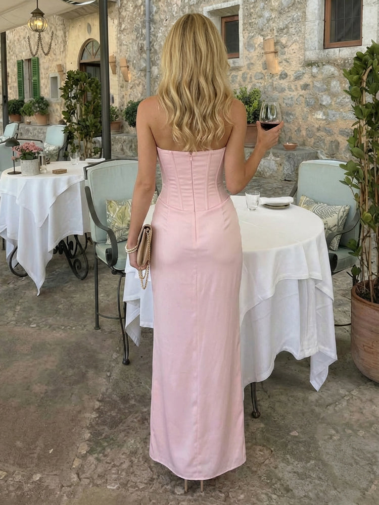 Satin Mermaid Strapless Long Bridesmaid Dresses with Corset