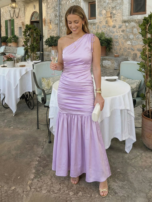 Satin Mermaid One Shoulder Long Bridesmaid Dresses with Ruffles