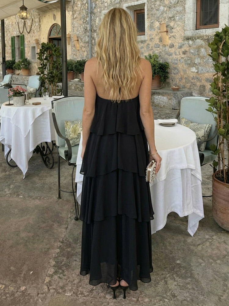 Chiffon A-Line Halter Long Bridesmaid Dresses with Tiered Ruffles