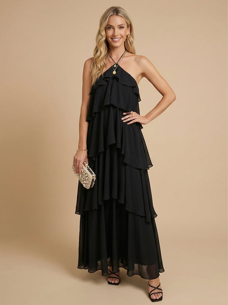 Chiffon A-Line Halter Long Bridesmaid Dresses with Tiered Ruffles