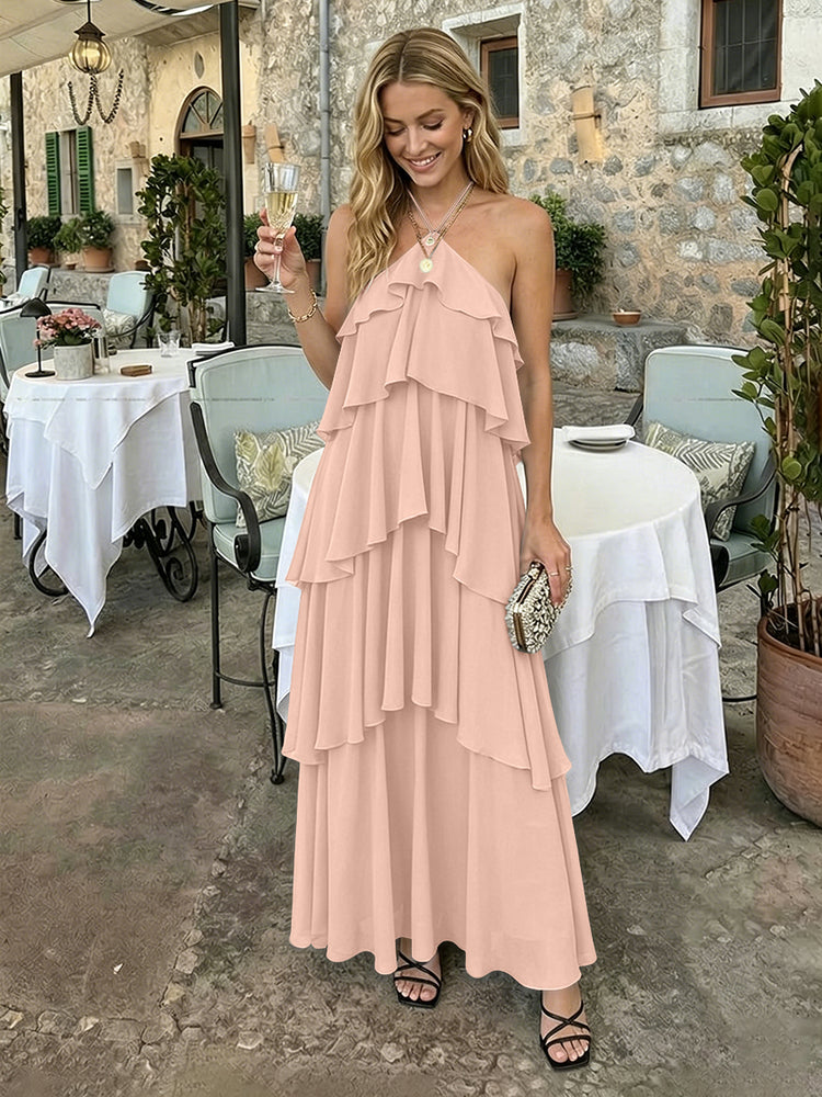 Chiffon A-Line Halter Long Bridesmaid Dresses with Tiered Ruffles