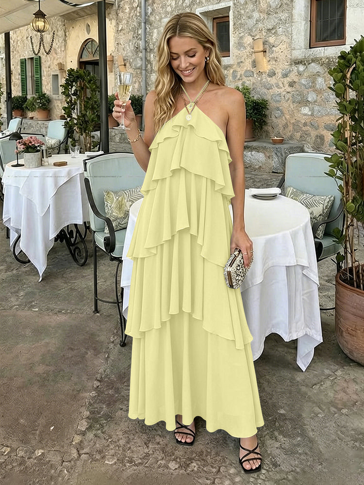 Chiffon A-Line Halter Long Bridesmaid Dresses with Tiered Ruffles