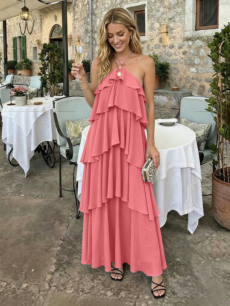 Chiffon A-Line Halter Long Bridesmaid Dresses with Tiered Ruffles