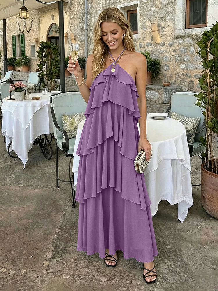 Chiffon A-Line Halter Long Bridesmaid Dresses with Tiered Ruffles