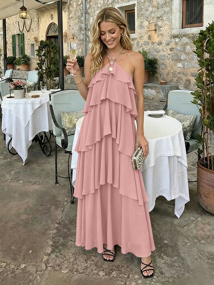 Chiffon A-Line Halter Long Bridesmaid Dresses with Tiered Ruffles