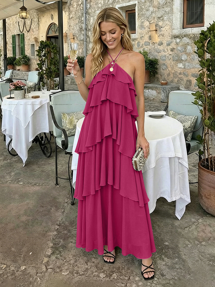 Chiffon A-Line Halter Long Bridesmaid Dresses with Tiered Ruffles