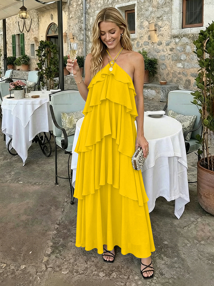 Chiffon A-Line Halter Long Bridesmaid Dresses with Tiered Ruffles