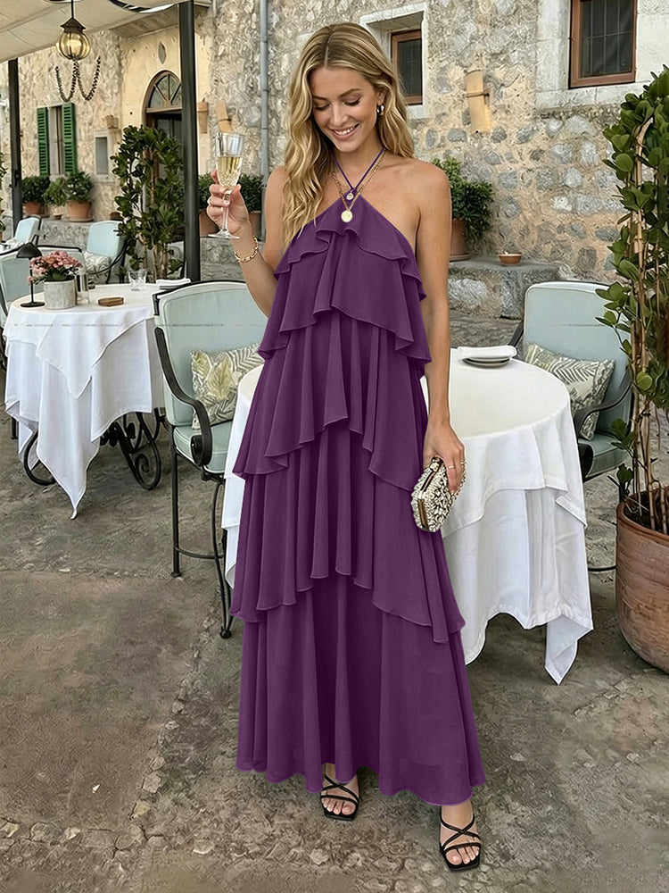 Chiffon A-Line Halter Long Bridesmaid Dresses with Tiered Ruffles