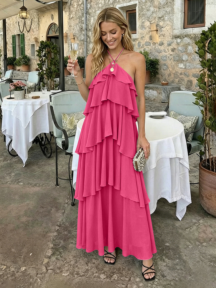 Chiffon A-Line Halter Long Bridesmaid Dresses with Tiered Ruffles