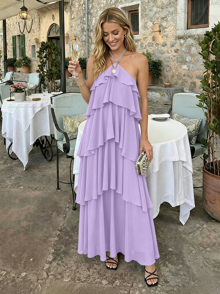 Chiffon A-Line Halter Long Bridesmaid Dresses with Tiered Ruffles