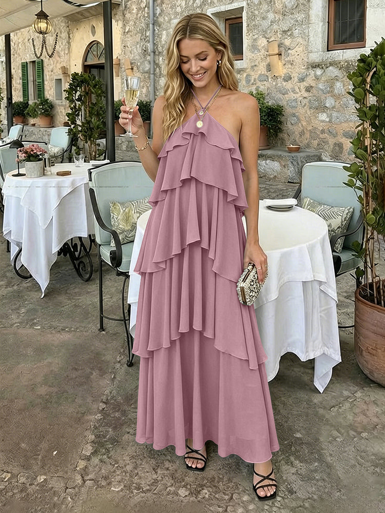 Chiffon A-Line Halter Long Bridesmaid Dresses with Tiered Ruffles