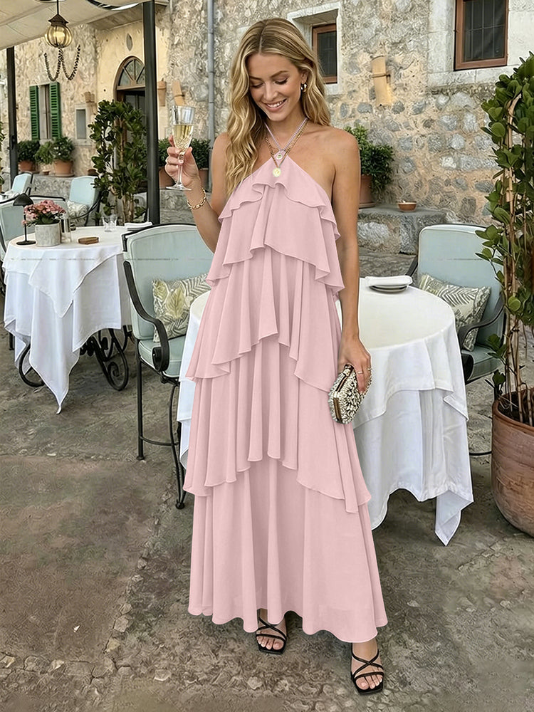 Chiffon A-Line Halter Long Bridesmaid Dresses with Tiered Ruffles