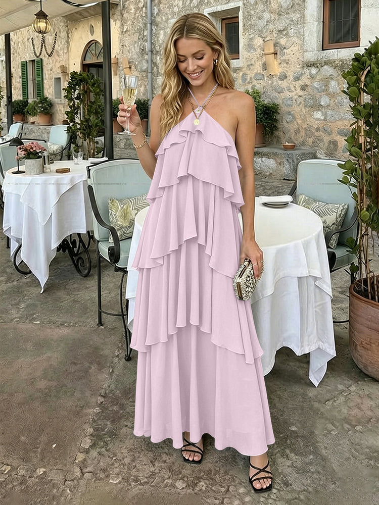 Chiffon A-Line Halter Long Bridesmaid Dresses with Tiered Ruffles