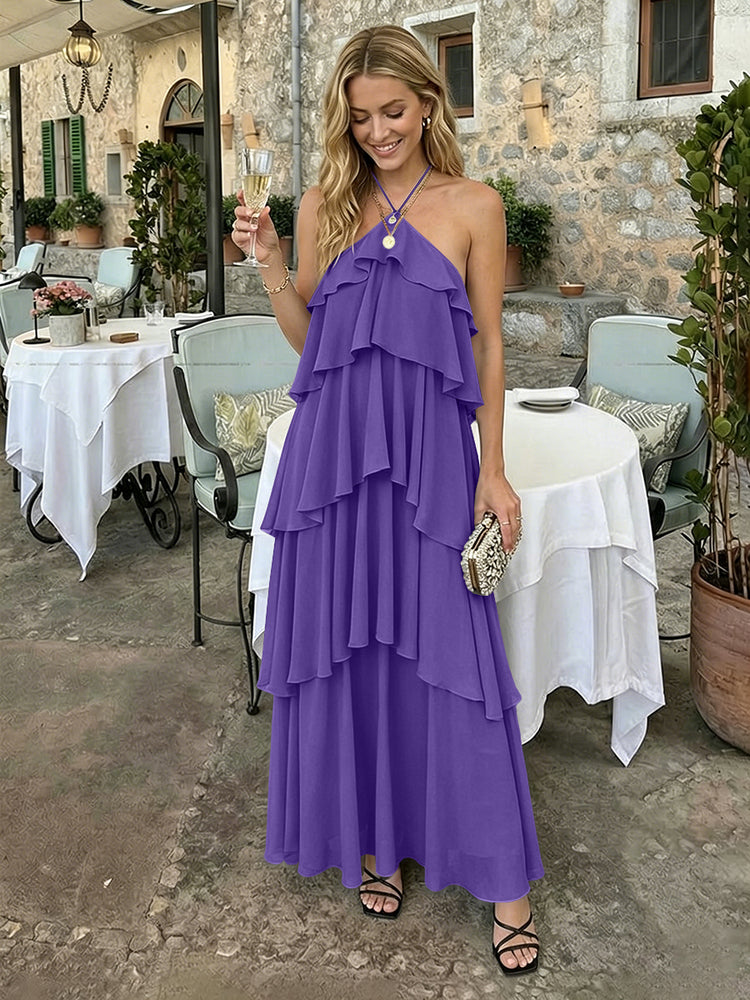 Chiffon A-Line Halter Long Bridesmaid Dresses with Tiered Ruffles