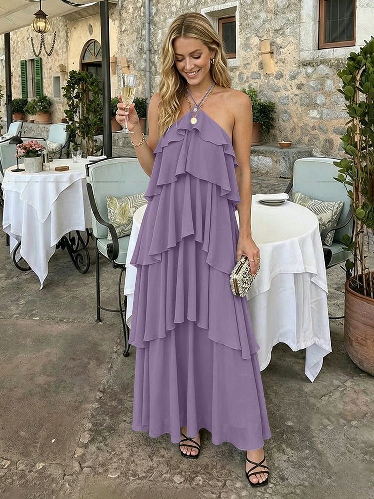 Chiffon A-Line Halter Long Bridesmaid Dresses with Tiered Ruffles