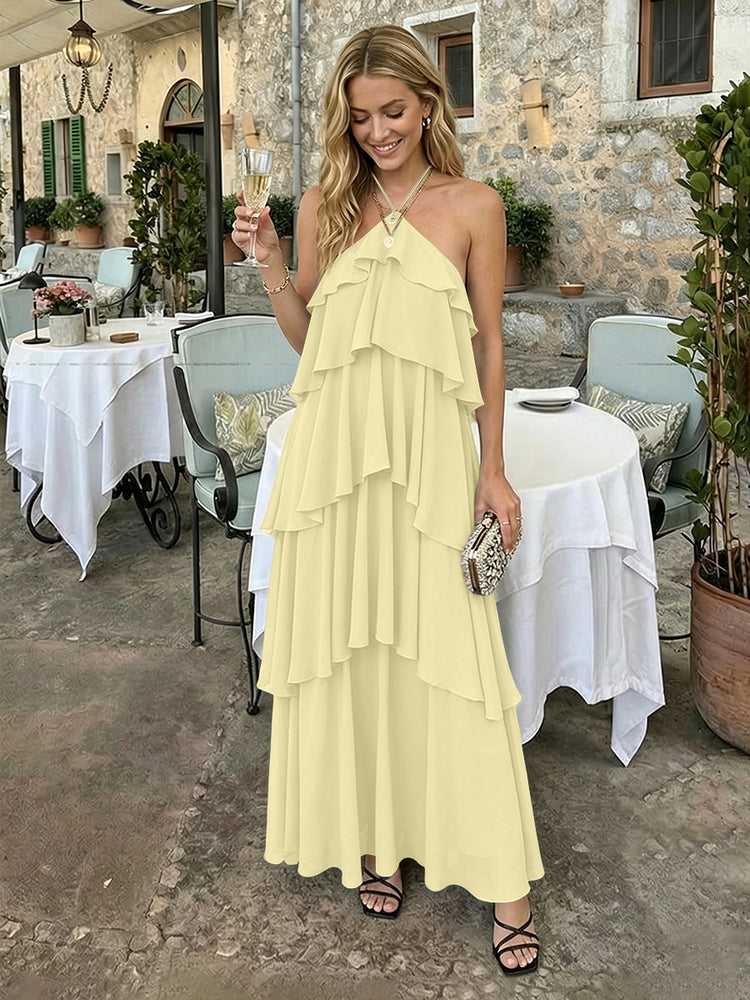 Chiffon A-Line Halter Long Bridesmaid Dresses with Tiered Ruffles
