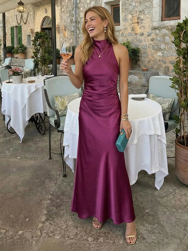 Satin Mermaid High Neck Floor Length Simple Bridesmaid Dresses