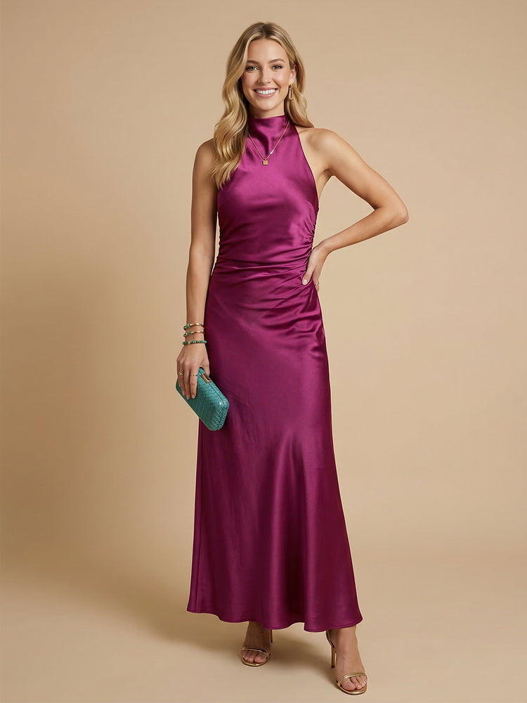 Satin Mermaid High Neck Floor Length Simple Bridesmaid Dresses