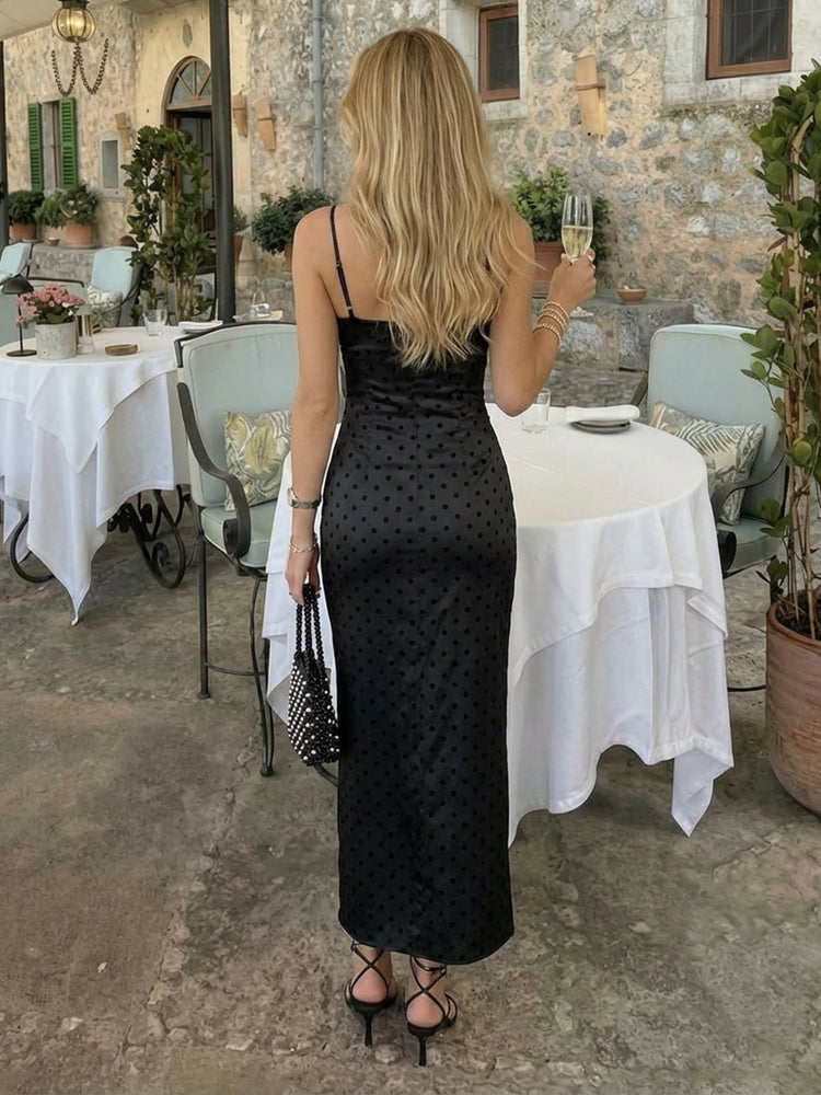 Satin Sheath Spaghetti Straps Long Bridesmaid Dresses with Dots