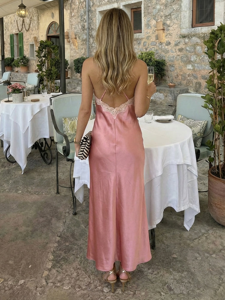 Satin Mermaid Halter Long Bridesmaid Dresses with Lace