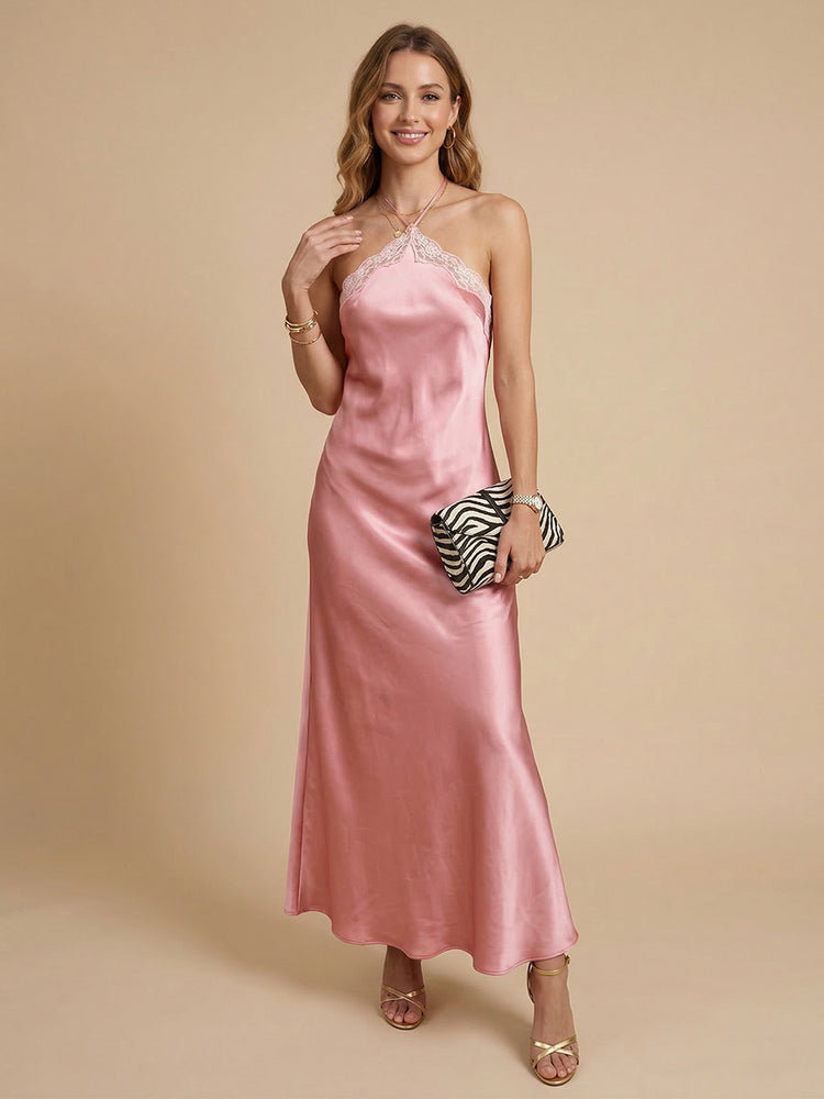 Satin Mermaid Halter Long Bridesmaid Dresses with Lace