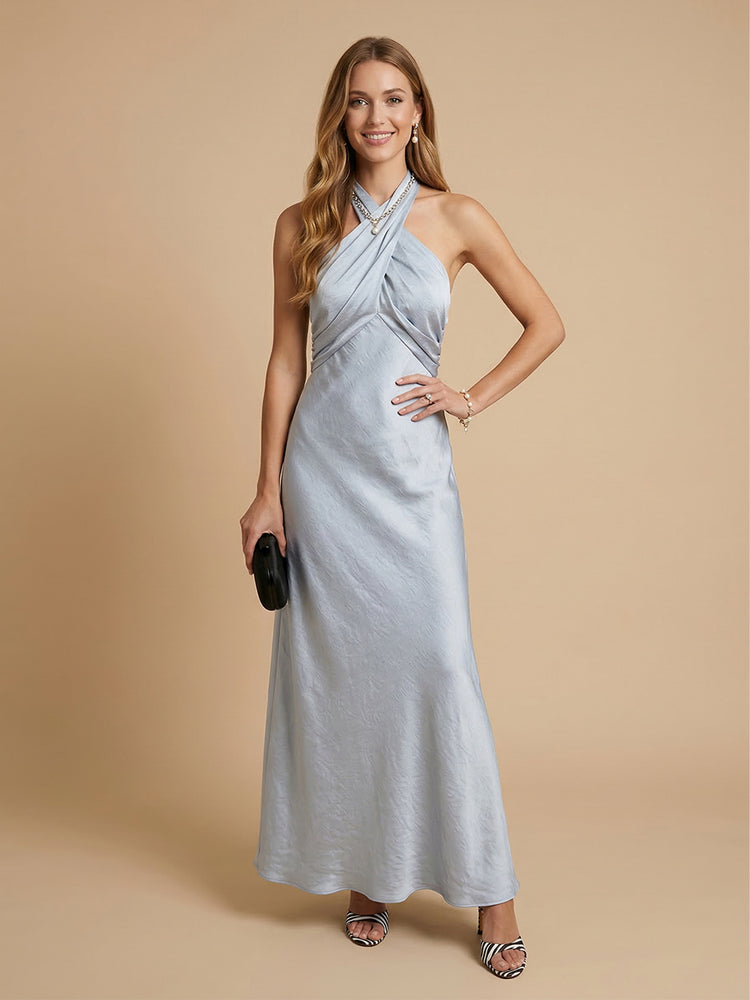 Satin A-Line Halter Sleeveless Long Bridesmaid Dresses