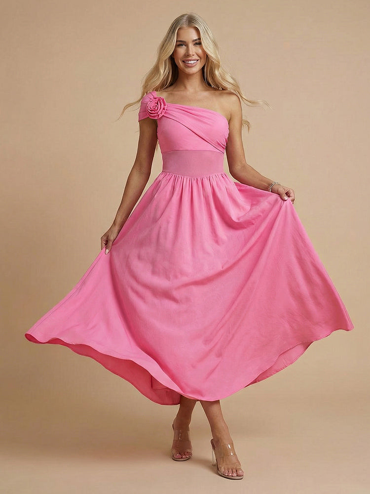Satin A-Line One Shoulder Long Bridesmaid Dresses with 3D Flowers