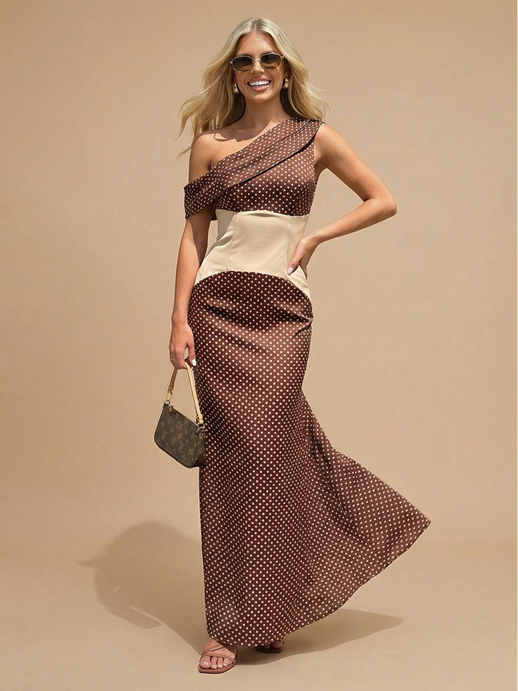 Satin Mermaid One Shoulder Long Bridesmaid Dresses with Dots