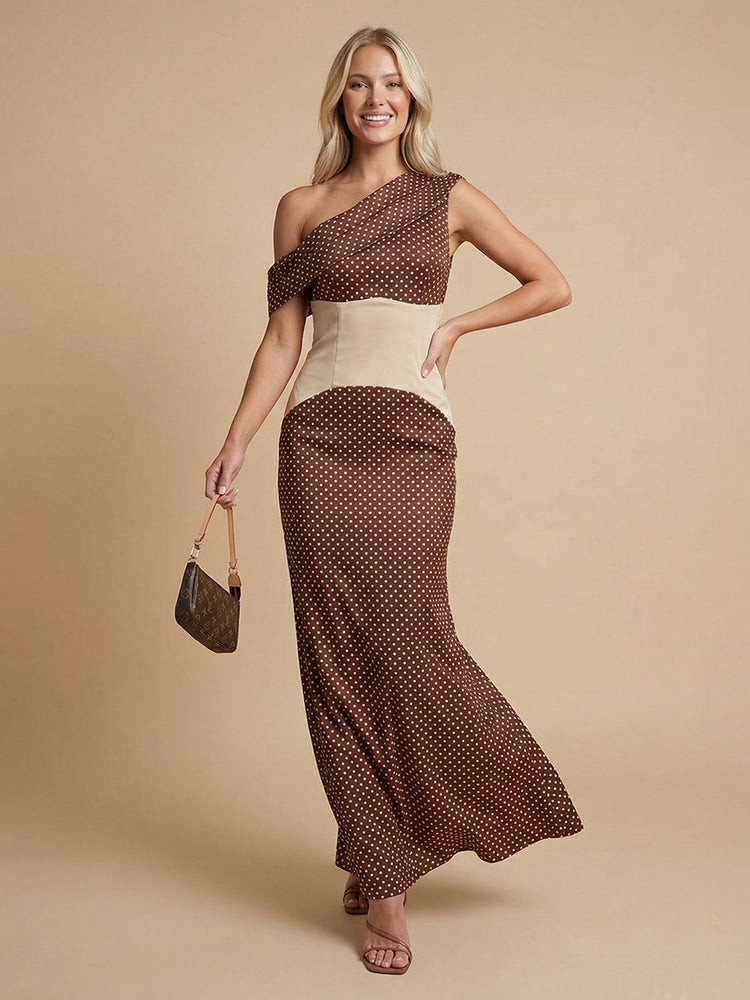 Satin Mermaid One Shoulder Long Bridesmaid Dresses with Dots