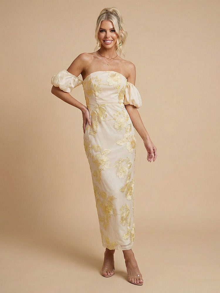Tulle Sheath Off the Shoulder Long Bridesmaid Dresses with Floral Embroidery