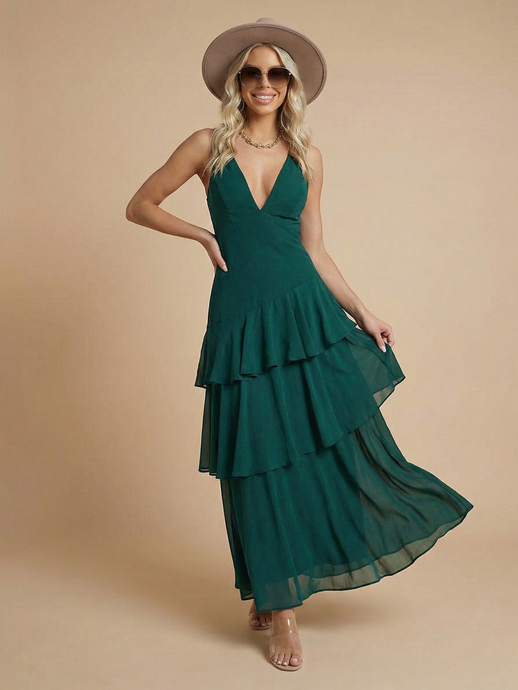 Chiffon A-Line Halter Long Bridesmaid Dresses with Ruffles