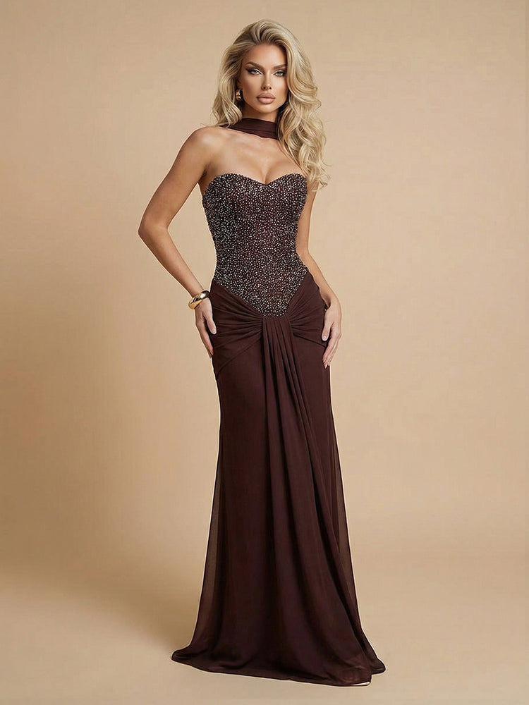 Chiffon Mermaid Strapless Long Bridesmaid Dresses with Scarf