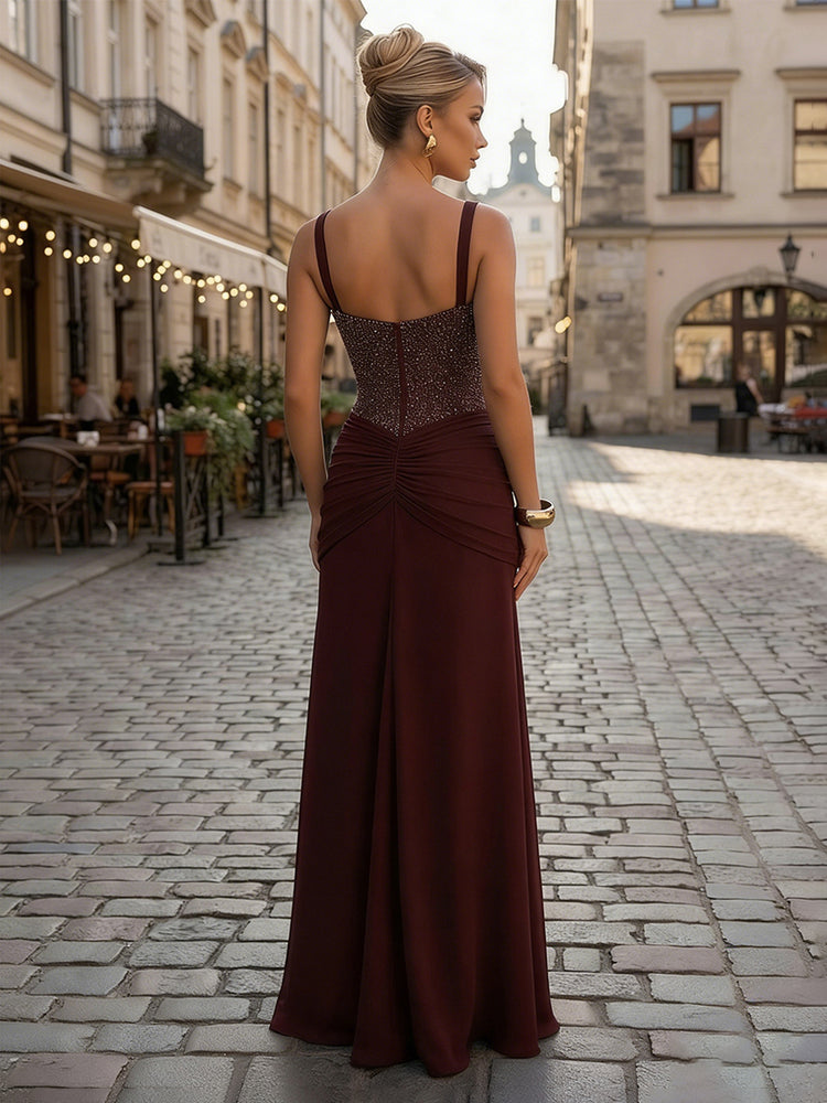 Chiffon Mermaid Sweetheart Long Bridesmaid Dresses with Rhinestone