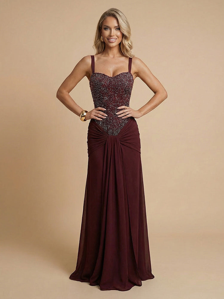 Chiffon Mermaid Sweetheart Long Bridesmaid Dresses with Rhinestone