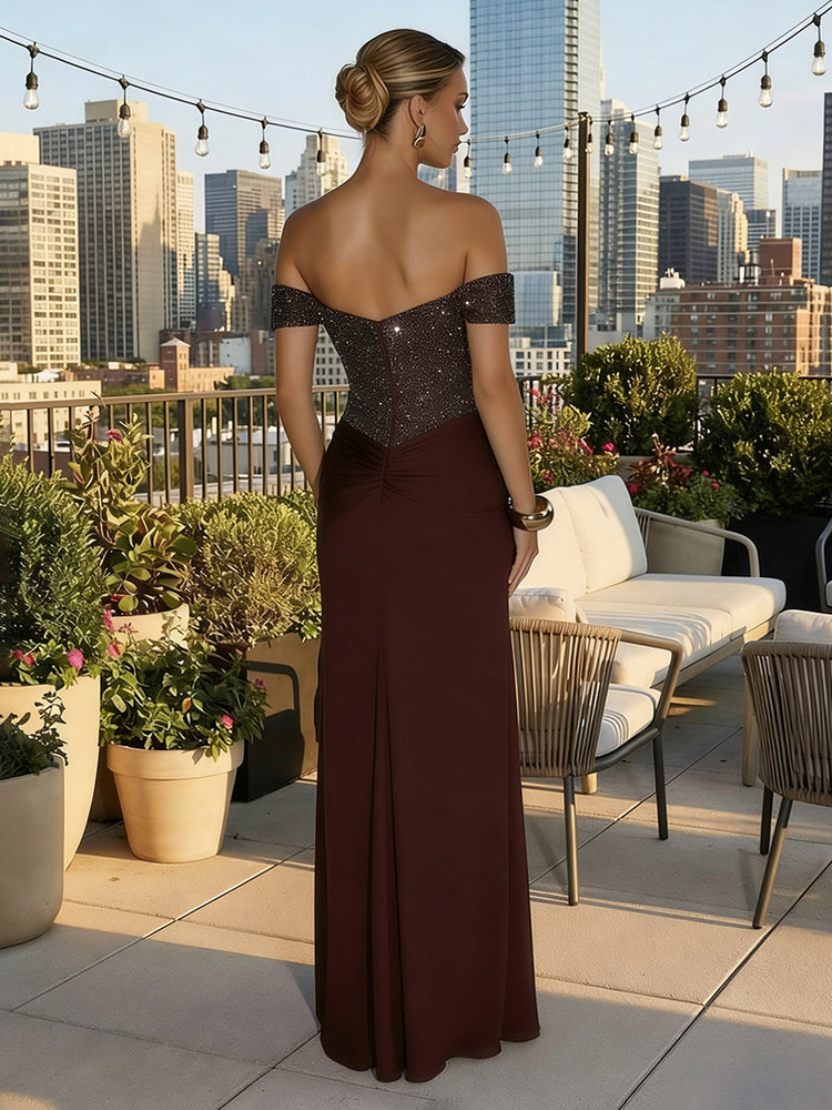 Chiffon Mermaid Off the Shoulder Long Bridesmaid Dresses with Rhinestone