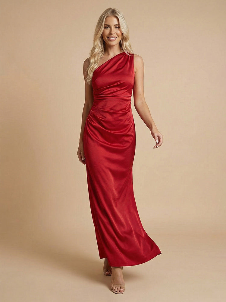 Satin Mermaid One Shoulder Long Simple Ruched Bridesmaid Dresses