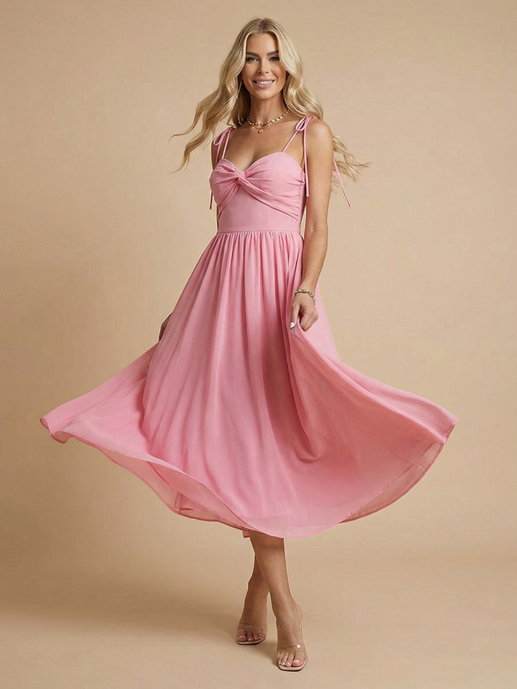 Chiffon A-Line Spaghetti Straps Midi Bridesmaid Dresses with Pleats