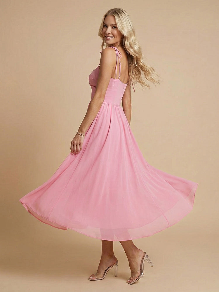 Chiffon A-Line Spaghetti Straps Midi Bridesmaid Dresses with Pleats