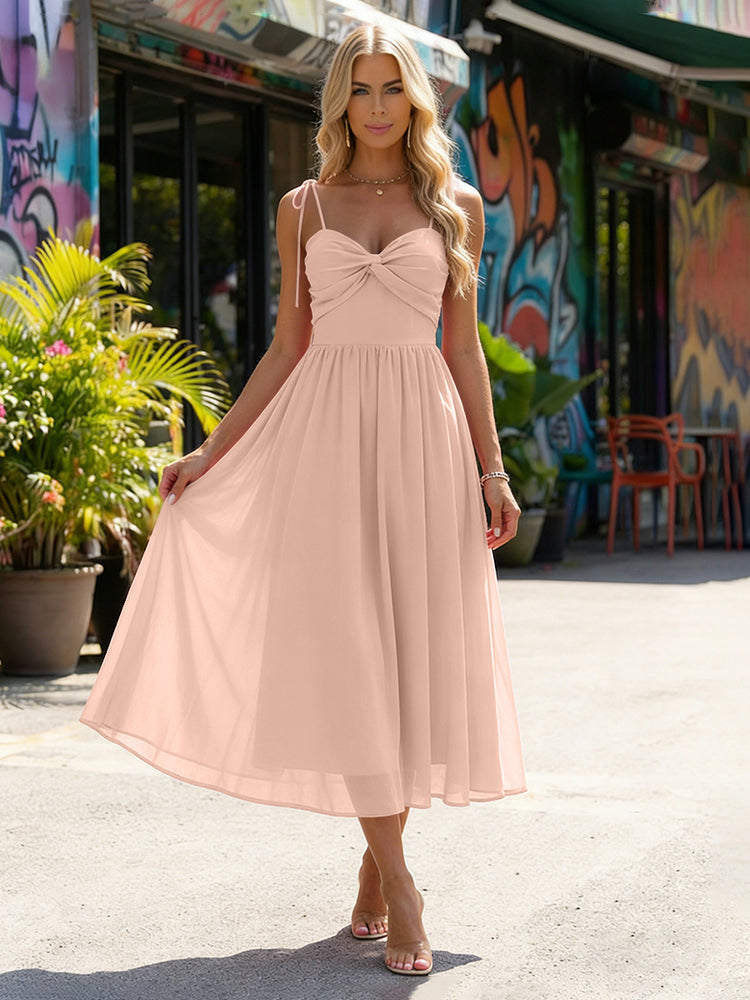 Chiffon A-Line Spaghetti Straps Midi Bridesmaid Dresses with Pleats