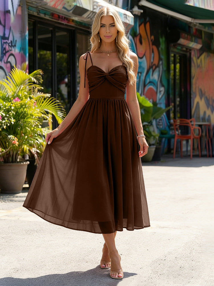 Chiffon A-Line Spaghetti Straps Midi Bridesmaid Dresses with Pleats