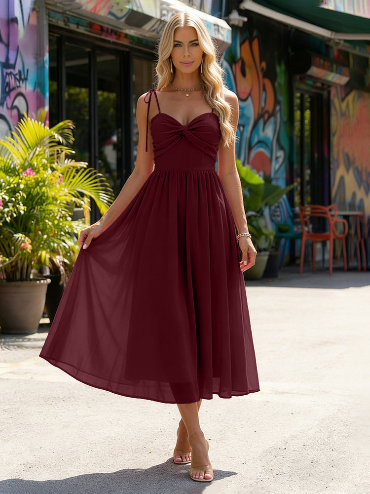 Chiffon A-Line Spaghetti Straps Midi Bridesmaid Dresses with Pleats