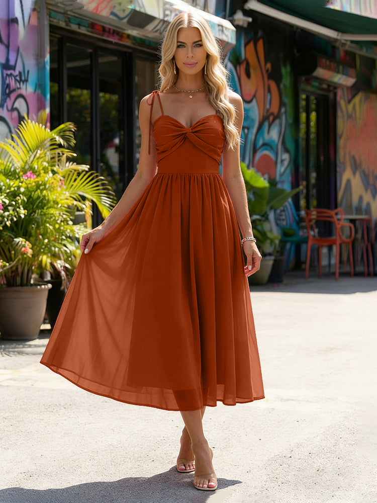 Chiffon A-Line Spaghetti Straps Midi Bridesmaid Dresses with Pleats