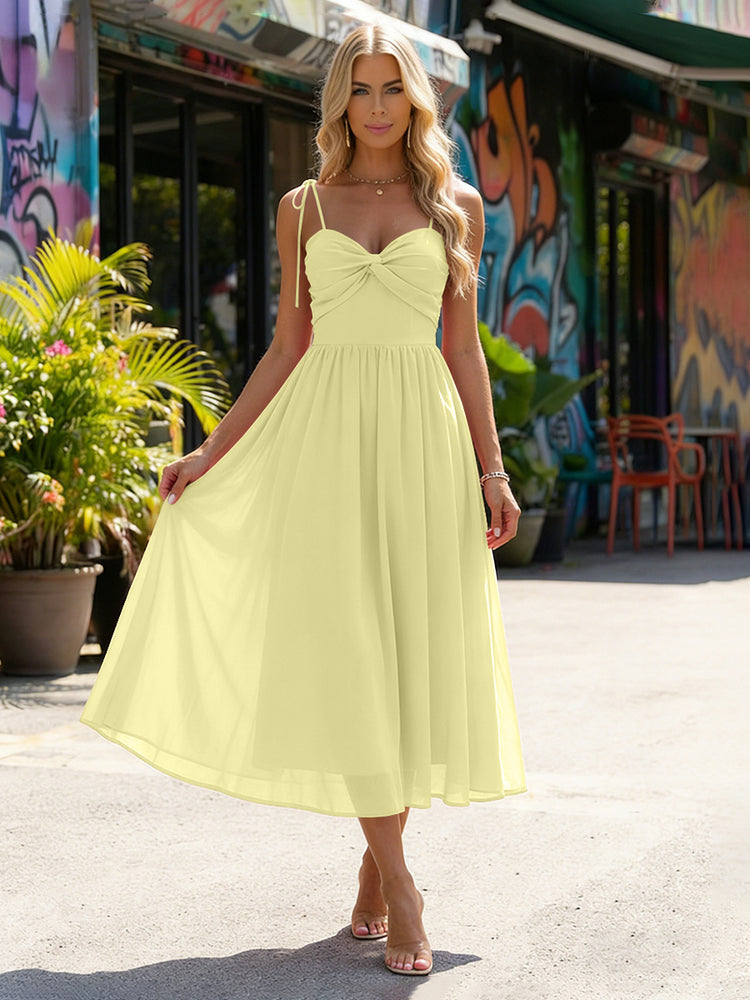 Chiffon A-Line Spaghetti Straps Midi Bridesmaid Dresses with Pleats
