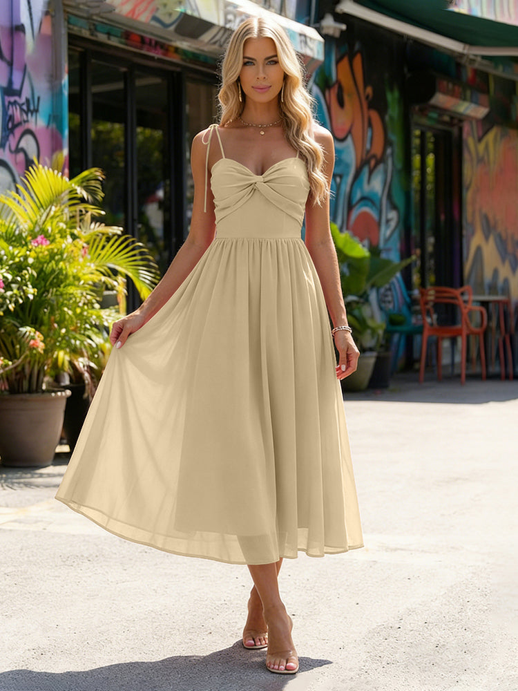 Chiffon A-Line Spaghetti Straps Midi Bridesmaid Dresses with Pleats