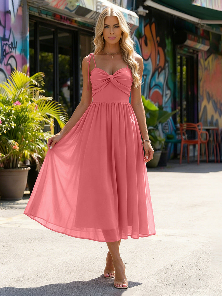 Chiffon A-Line Spaghetti Straps Midi Bridesmaid Dresses with Pleats
