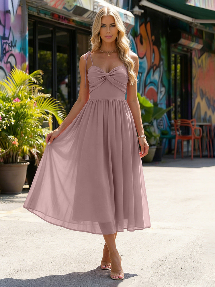 Chiffon A-Line Spaghetti Straps Midi Bridesmaid Dresses with Pleats